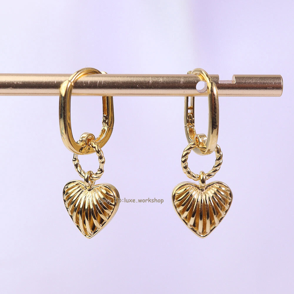 Gold Plated Real 925 Sterling Silver Fine Women's Earrings Hoop Heart Drop