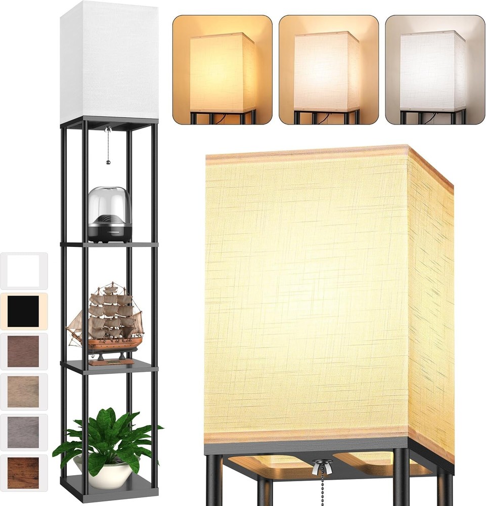 Modern White Floor Lamp with Shelves and Adjustable 3 CCT LED Bulb Tower Organizer