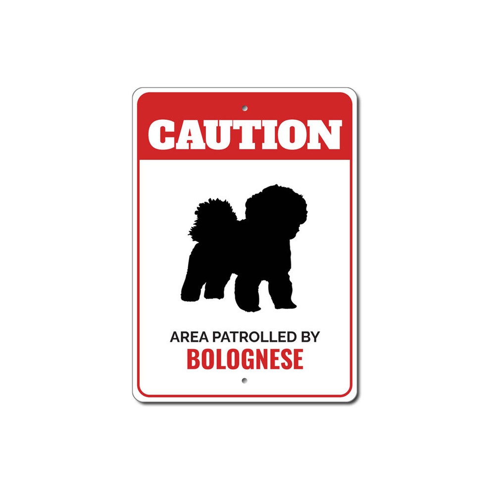 Patrolled By Bolognese Caution Metal Sign Dog Kennel Breed Canine K9 Paw Animal