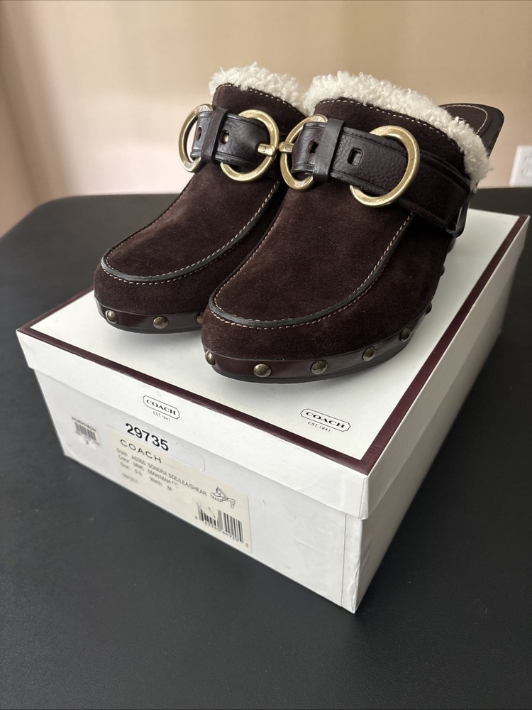 Coach Wooden Heel Brown Signature Clogs Mules Studded Platform Heels Size 9.5