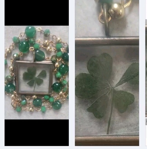 5 Leaf Clover Copper Charm Necklace with Green Beads and Heart Shaped Leaves