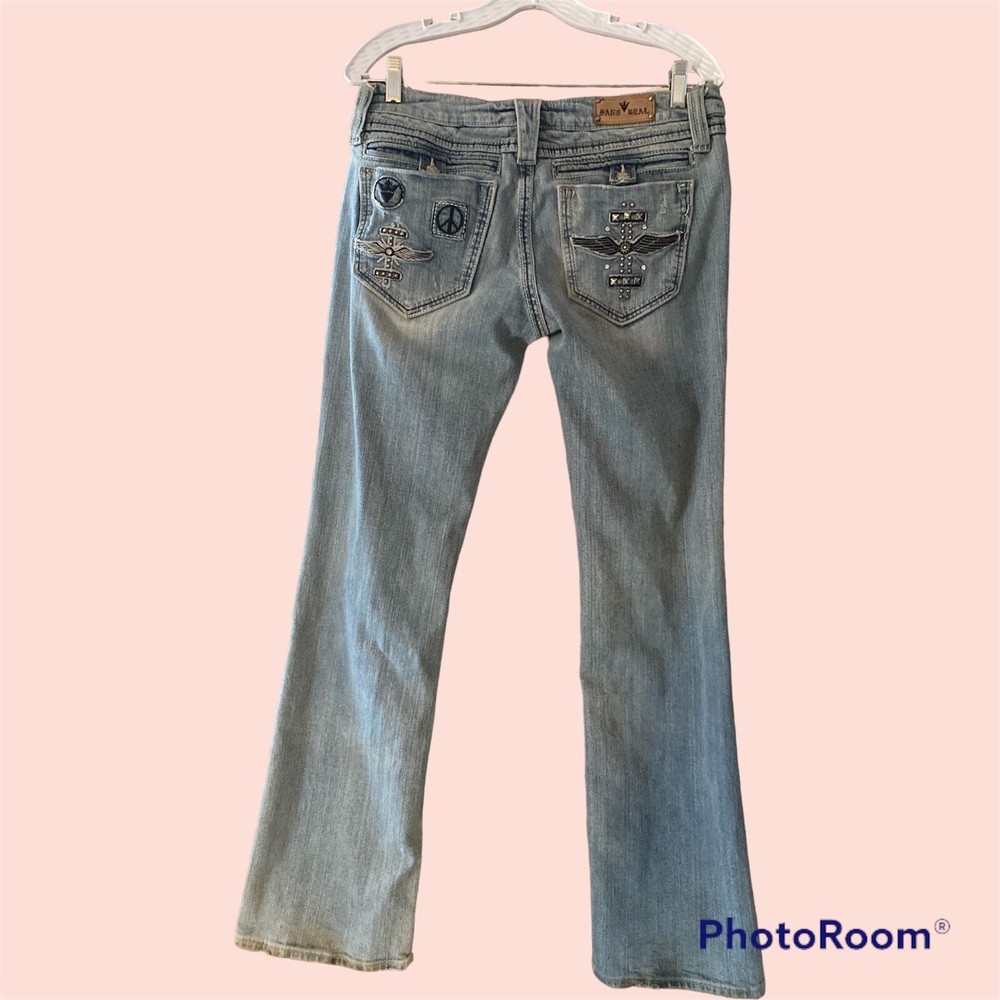 Sang Real Women's Low Rise Distressed Embellished Blue Jeans Size 32