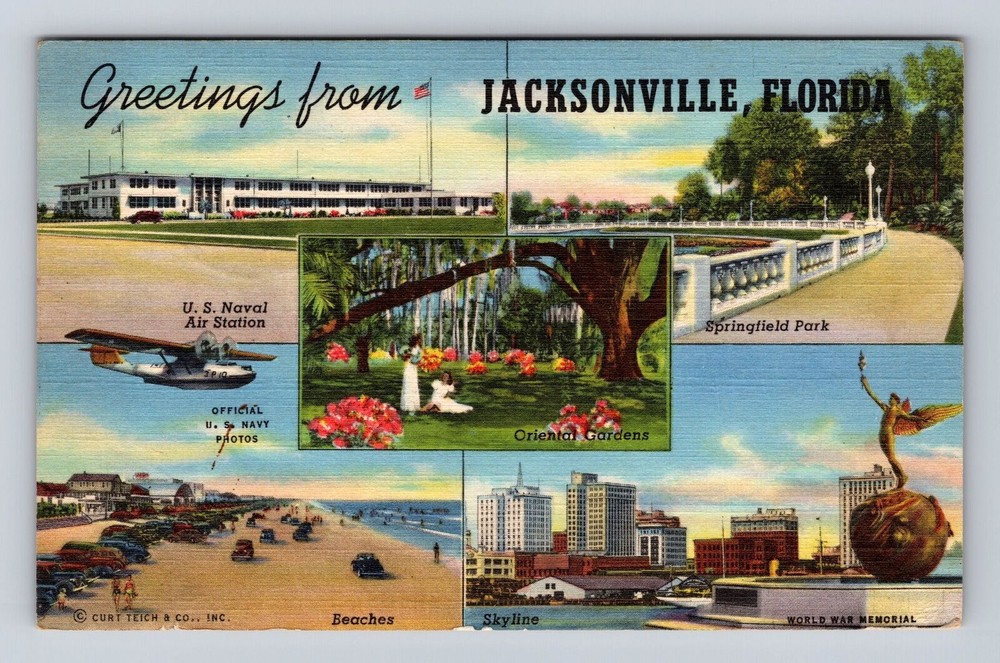 Jacksonville FL- Florida, Scenic Landmark Greetings, Vintage c1944 Postcard