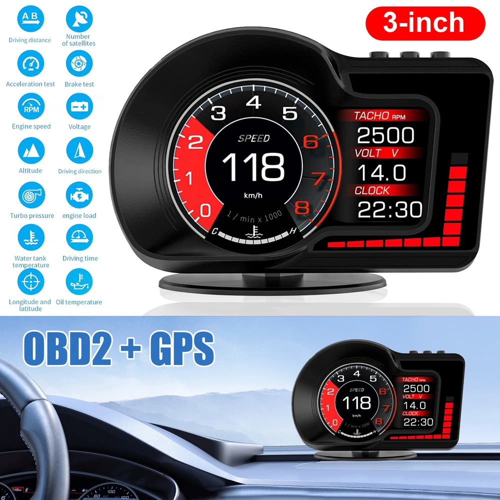 Car HUD with OBD2 GPS Digital Display Speedometer Turbo RPM Temp Alarm  