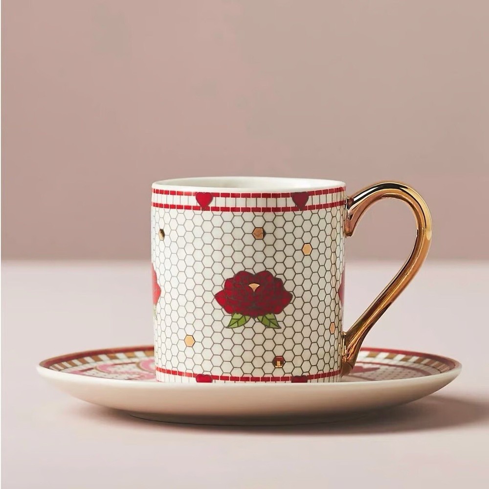 New Anthropologie Bisou Bistro Tile- Valentine’s Collection Espresso Cup&Saucer