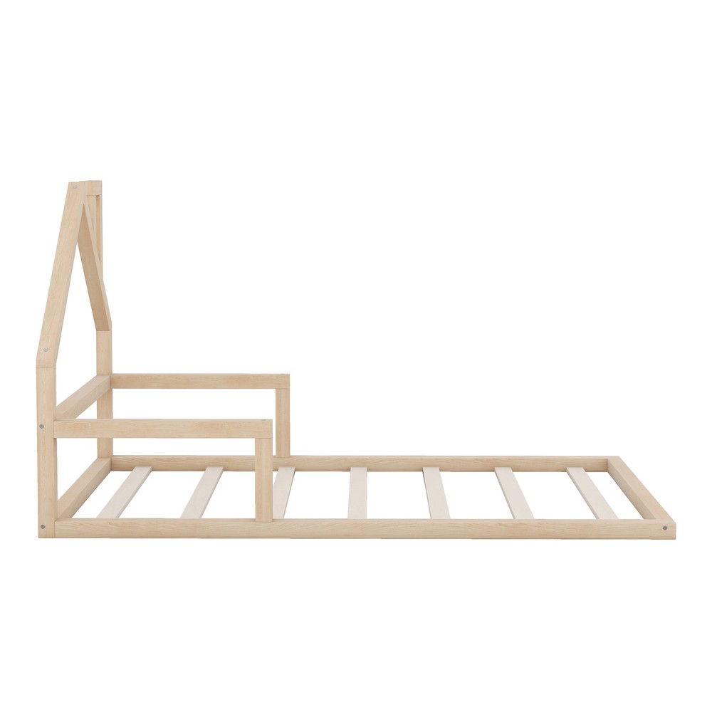 Twin Size Wood Floor Bed with Natural Finish Headboard for Kids Bedroom