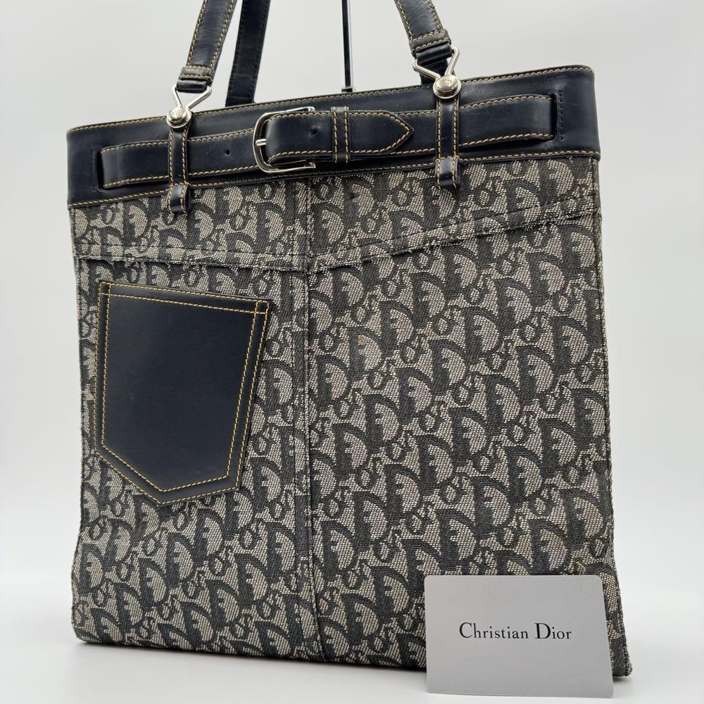 Luxury Christian Dior Trotter Navy Leather Pocket Tote Bag