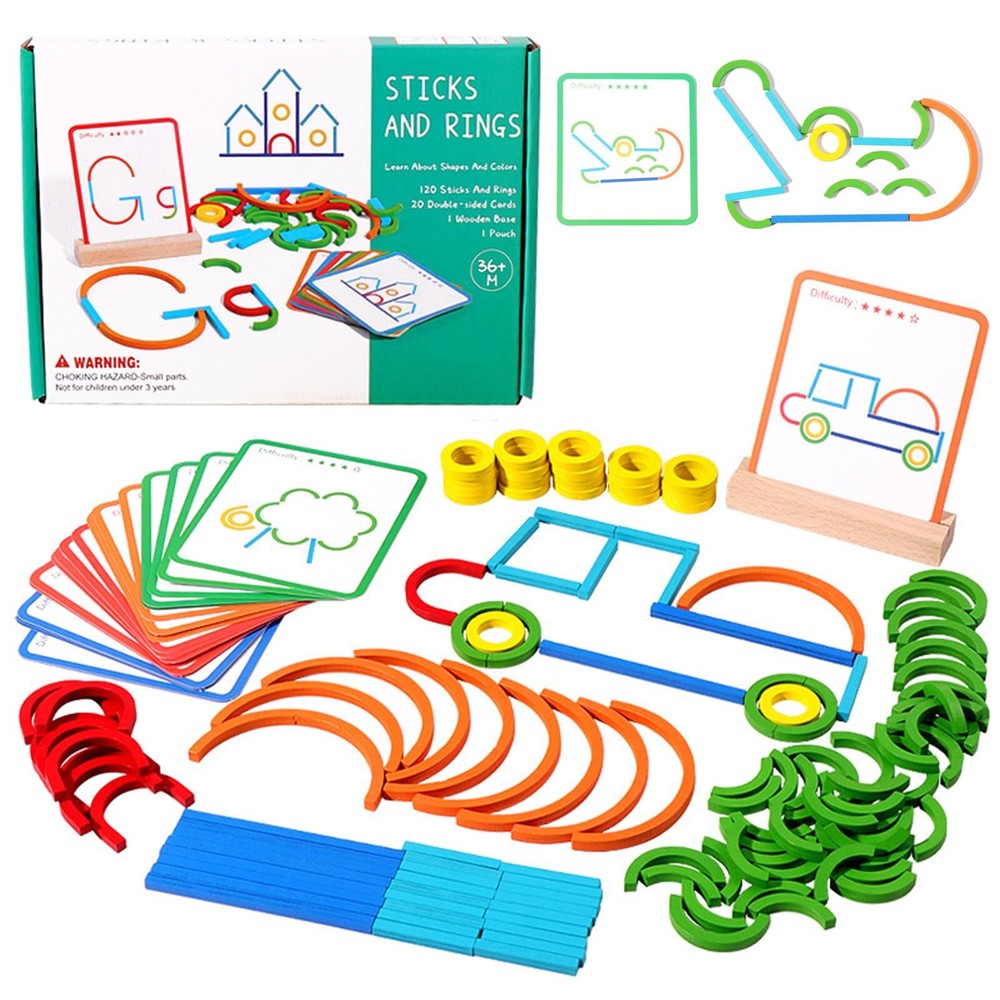 Construction Sticks & Rings Shape Puzzle Letter Construction Set Wooden Patte...