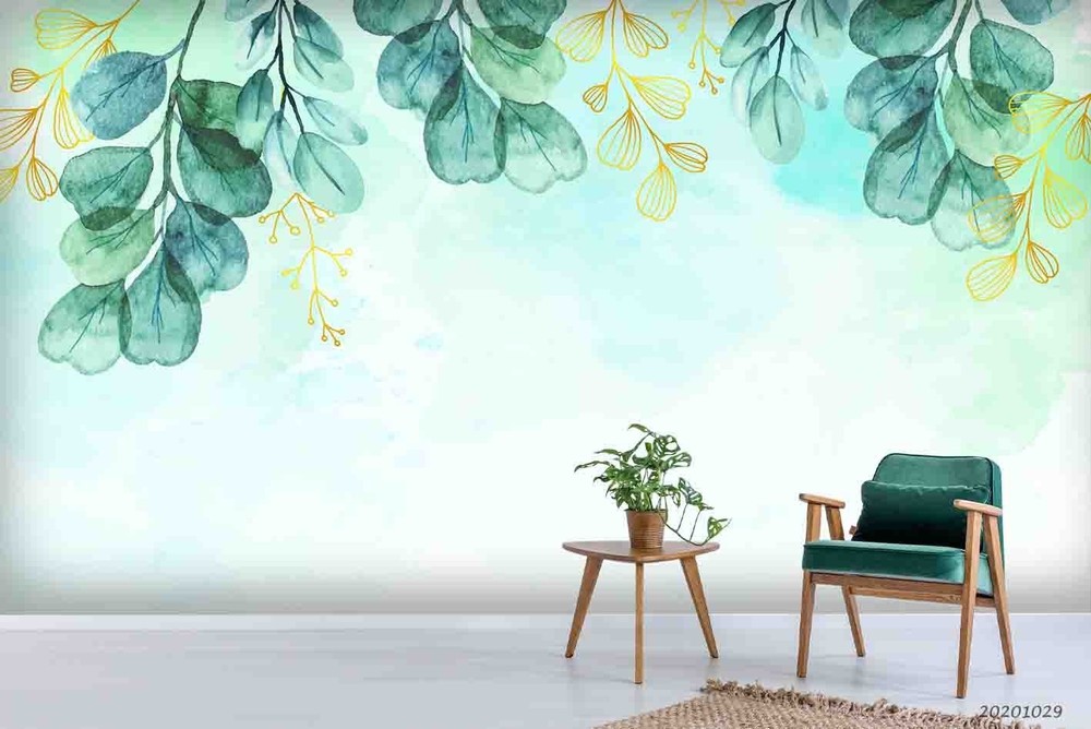 3D Green Gold Leaves Watercolor Wall Murals Wallpaper Murals Wall Sticker
