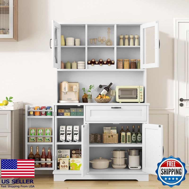 Freestanding Kitchen Pantry Storage Cabinet with Microwave Stand & Wine Rack