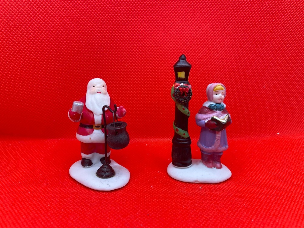 Vintage Lemax Christmas Village Ceramic Santa and Caroler Display Set  