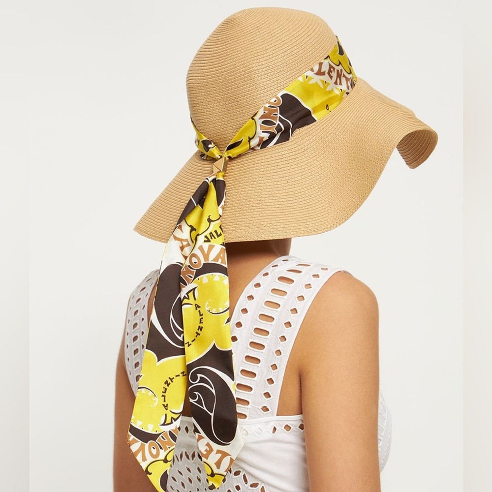 Valentino Roman Stud silk scarf large brim hat size L NWT