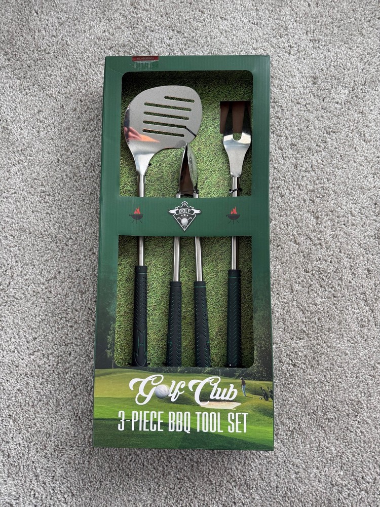 Golf Club 3-Piece BBQ Tool Gift Set Stainless Steel Spatula Tongs Fork