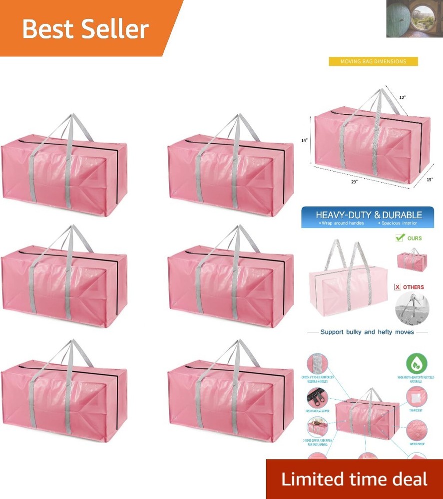 Durable Heavy-Duty Extra Large Pink Moving Bags with Backpack Straps - 6 Pack