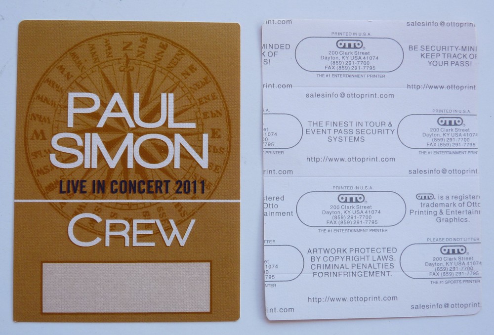 Paul Simon 2011 Concert Tour Brown Crew Backstage Pass D21