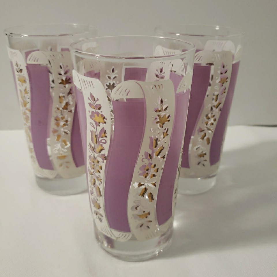 Libby (3) Barclay MCM 12 oz. Lilac Frosted Gold Floral Vintage Highball Tumblers