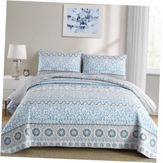 Boho Quilt Set 3 Pieces Striped Paisley Floral Quilt Coverlet Queen Light Blue
