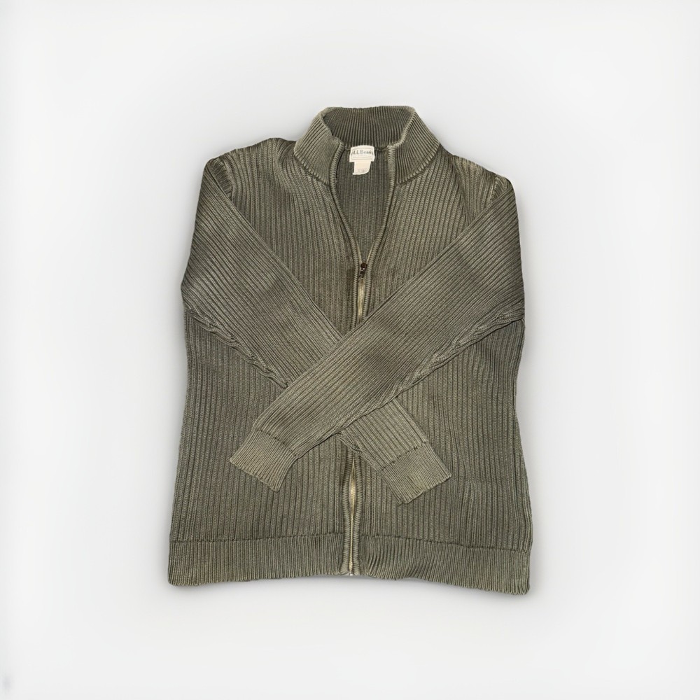 LL Bean Full Zip Up Ribbed Sweater Moss Green Knit Cotton Size XLT XL Tall