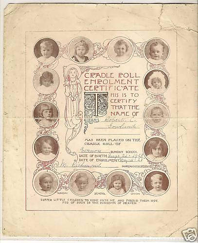 1923 Robert C Gowland-Family-Genealogy-Cradle Roll Certificate