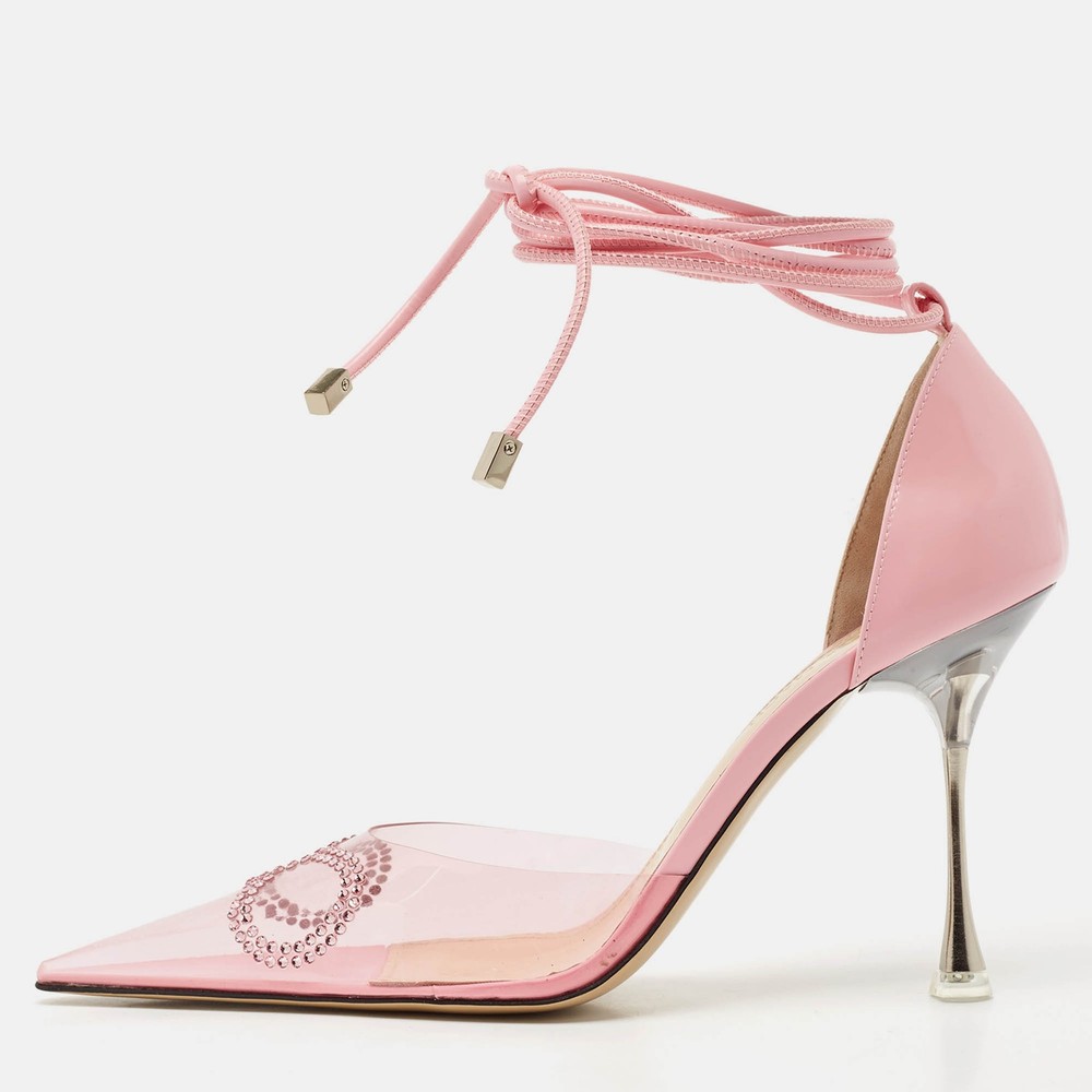Mach & Mach Pink Crystal Bow Ankle Tie Pumps in Leather & PVC Size 39