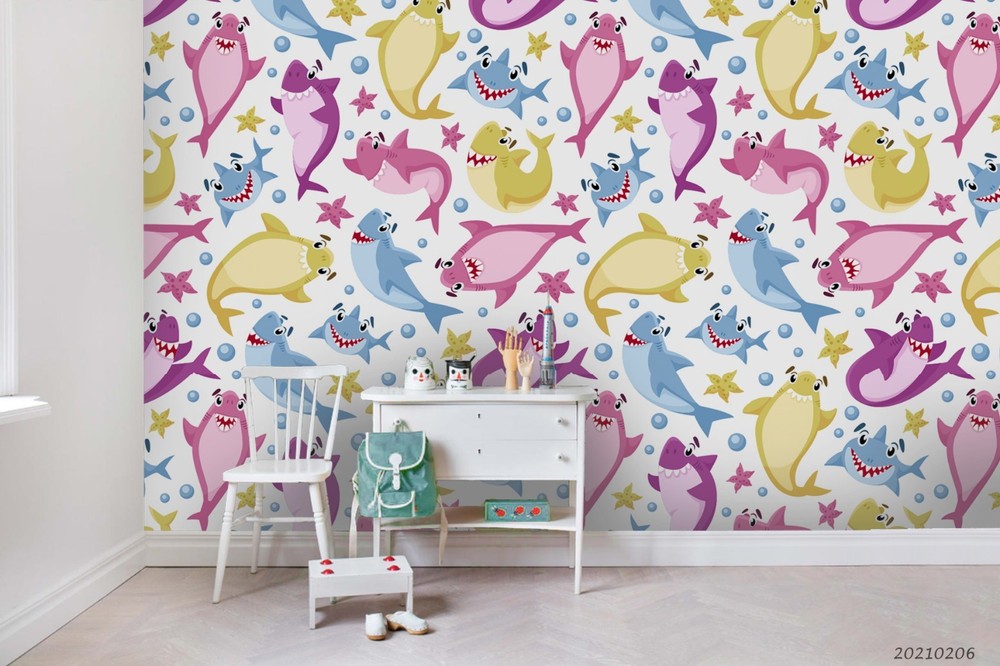 3D Shark Starfish Cartoon Pattern Wall Murals Wallpaper Murals Wall Sticker
