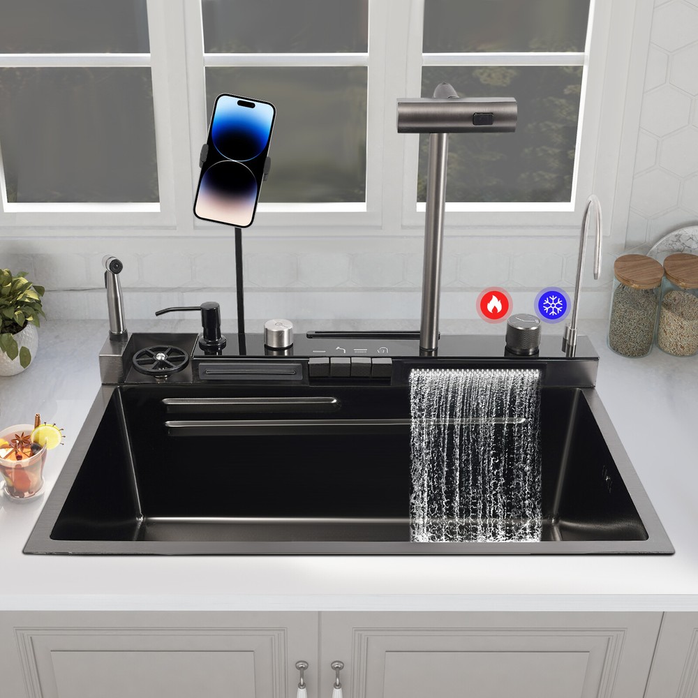 Stainless Steel Single Slot Digital Kitchen Sink Faucet Flying Rain Waterfall