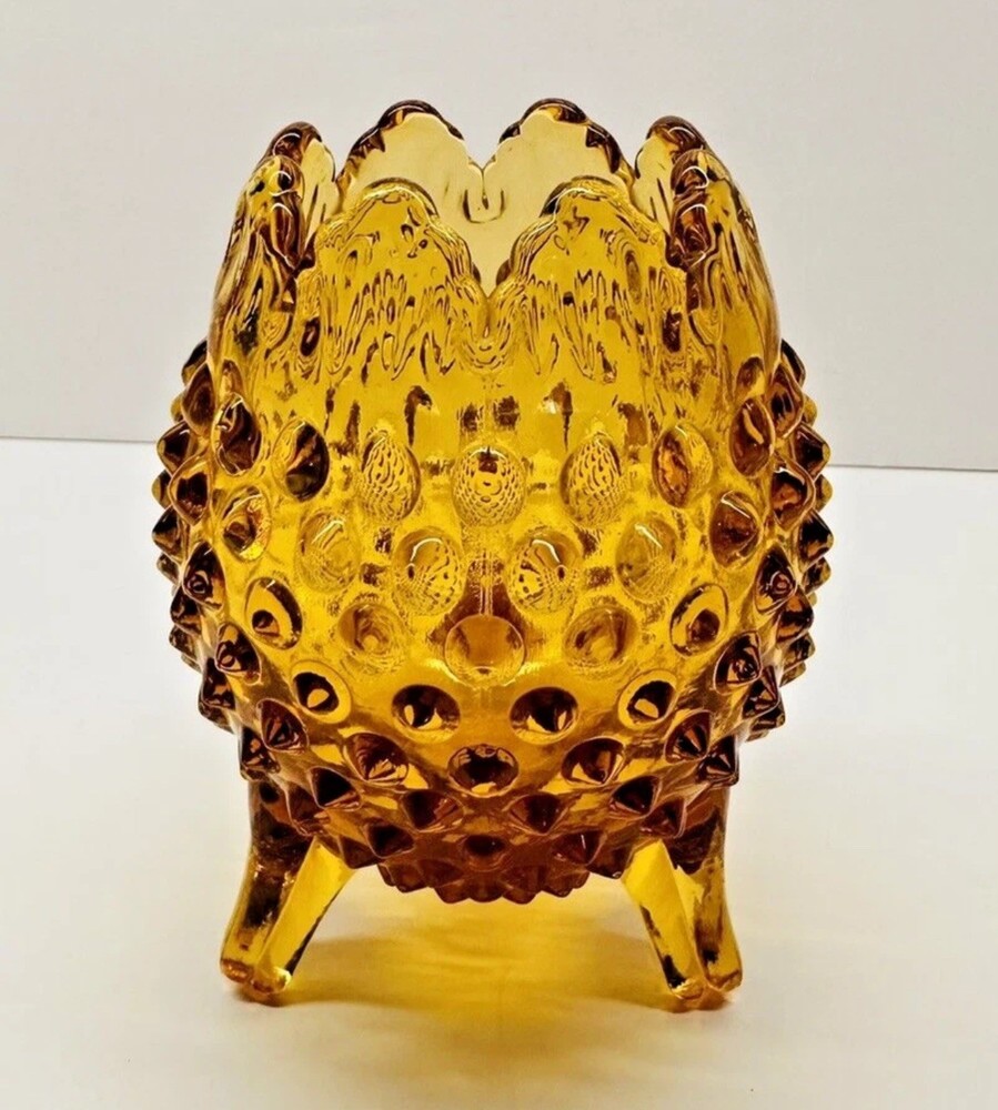 Vintage Fenton Colonial Amber Hobnail Rose Bowl Egg Vase 5 Inch Art Glass