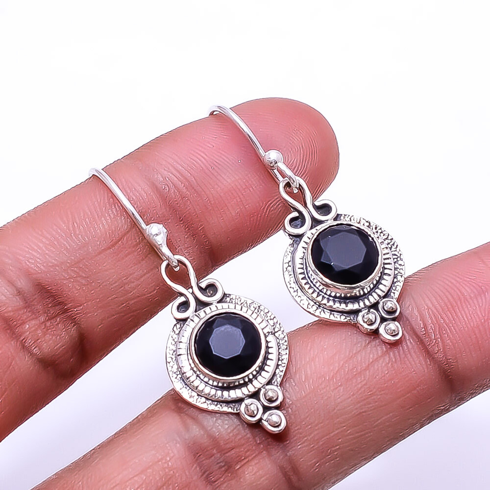 Black Onyx Sterling Silver Earrings 1.4 Inch Valentine Gift E9341