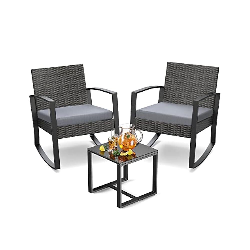 Stylish Wicker Patio Set with Rocking Chairs Table and Cushions for Outdoor Relaxation