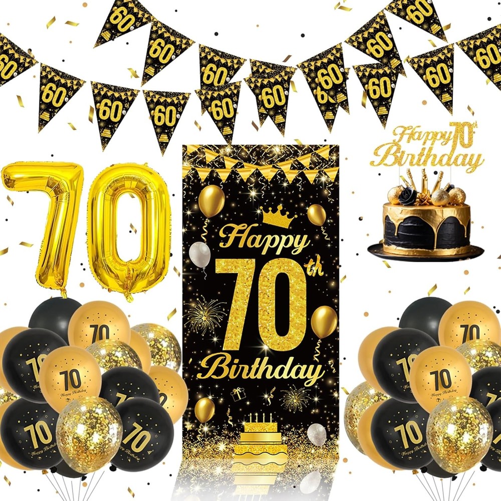 70th Birthday Decorations Set - Black And Gold   Balloons  Banners  Cake