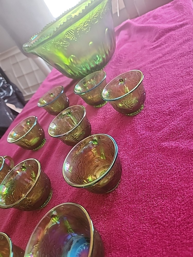Vintage Iridescent Green Carnival Glass Punch Bowl Set with 11 Cups  