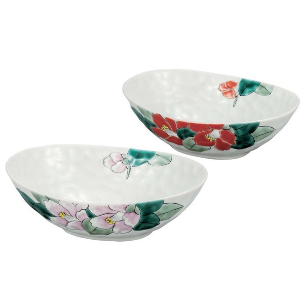Kutani Ware 6-inch Pair Bowls Red White Camellia Made in Japan Fukuda Yoshinori