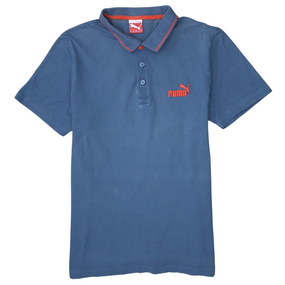 Puma Mens Polo Shirt Blue Cotton Knit Embroidered Logo Contrast Trim Collar M