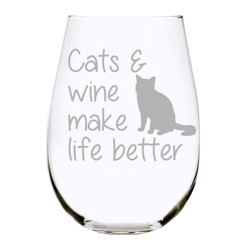C & M Personal Gifts Cats and Wine Make Life Better Stemless Glass – 17 Oz Laser