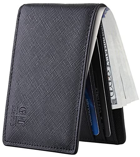 Slim Minimalist Mens Front Pocket Wallet with ID Window in Genuine Leather - Black Cross Stitch