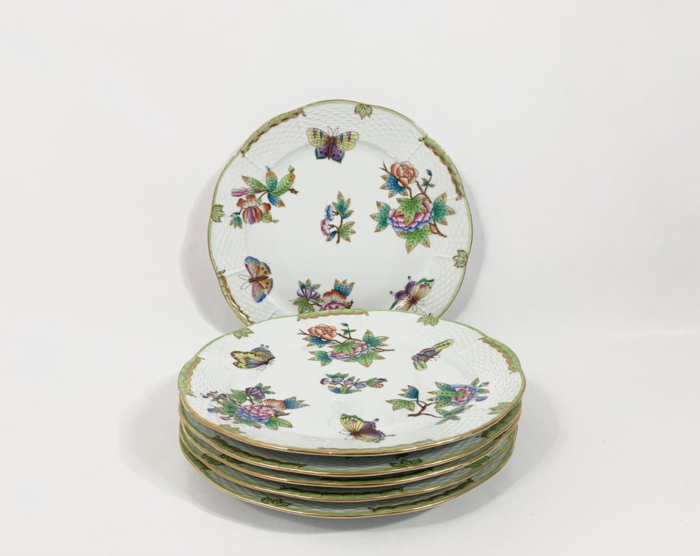 6 Herend Queen Victoria Green Border Round Plates 25.5 cm