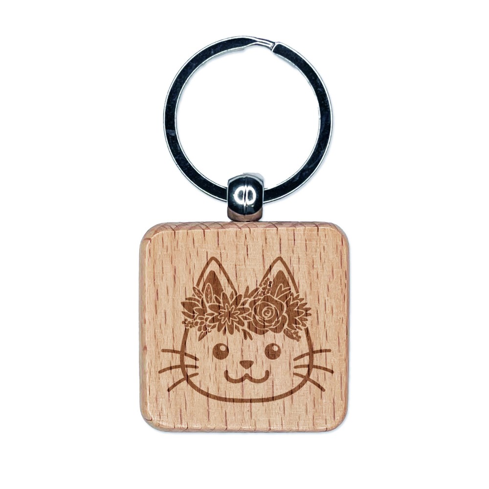 Floral Crown Cat Engraved Wooden Keychain Charm Tag  