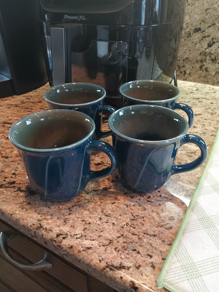 PFALTZGRAFF 4 Vintage Dark Blue Green Coffee Mugs USA Made Rare Set