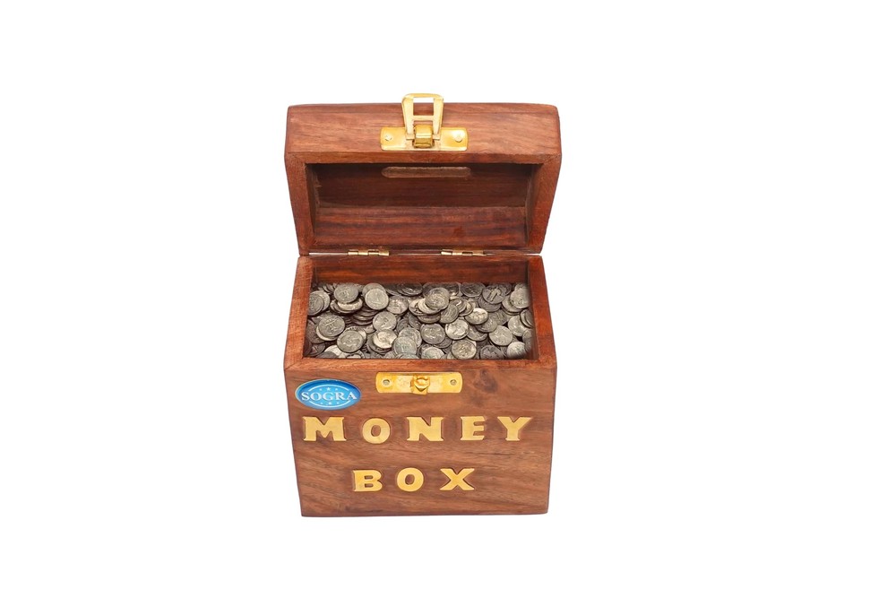 Wooden Money Box, Coin Storage Box with Brass Lock