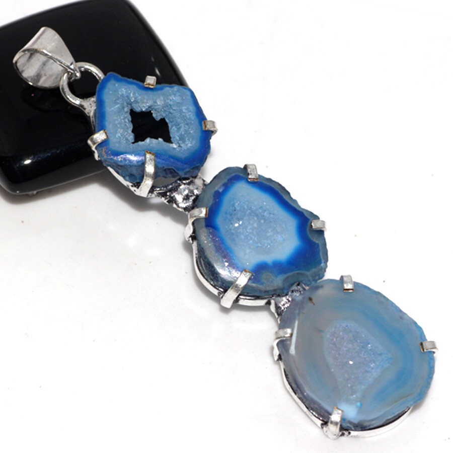 Agate Geode Slice 925 Silver Plated Long Gemstone Pendant 3