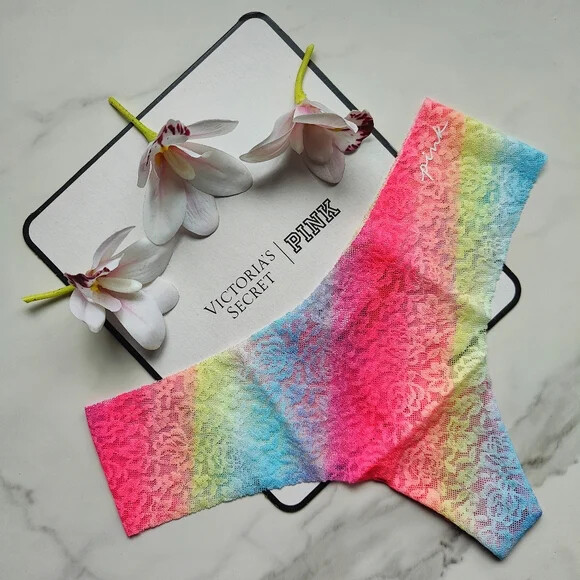 Victoria's Secret Pink No-Show Soft Lace Thong Panty Rainbow Gradient Size Small