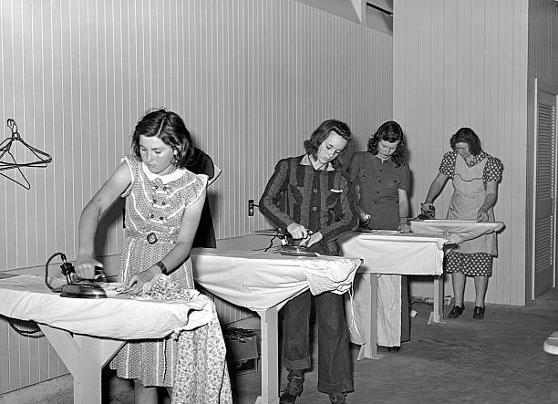 Visalia California Women ironing laundry room labor camp migratory - Old Photo