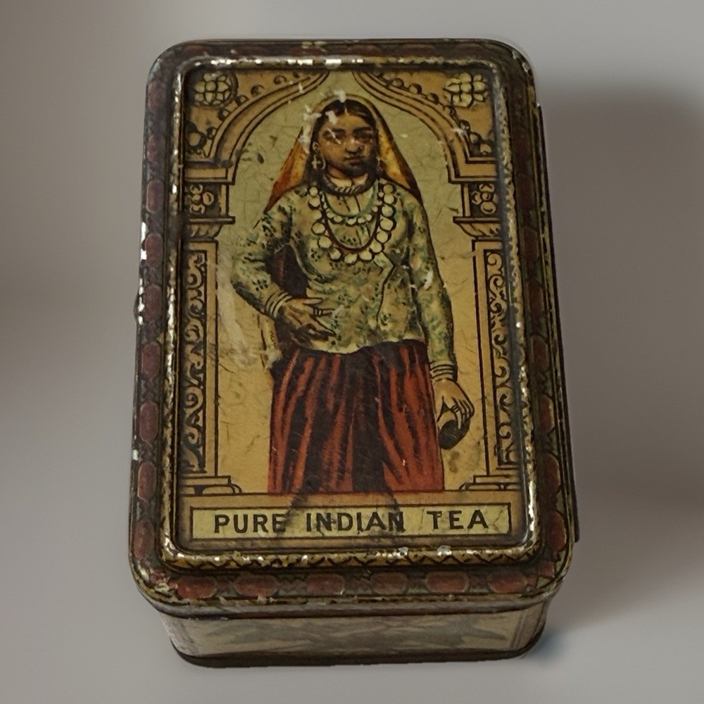 Antique Victorian Era Tin Lithograph Metal Box Pure Indian Tea w Instructions