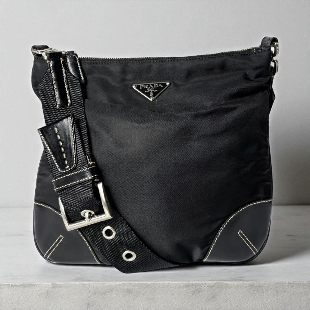 Prada Black Silver Triangle Plate Leather Nylon Crossbody Bag Authentic Pre-Owned