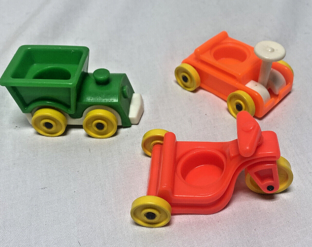 Vintage Fisher Price Little People Tricycle Orange Wagon Green train 3 vehicles