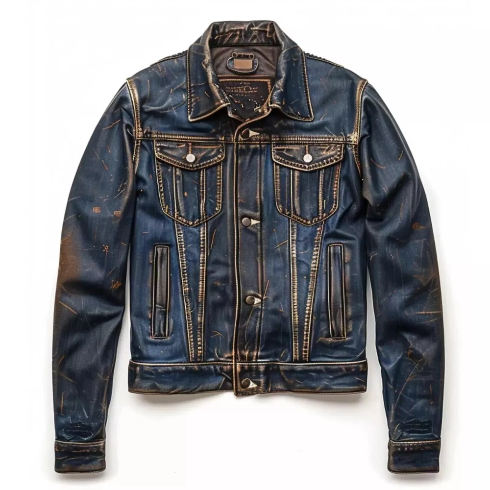 Vintage Blue Lambskin Trucker Leather Jacket For Men