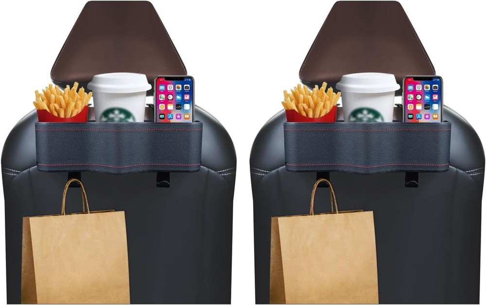 Headrest Backseat Organizer with Cup Holders, #4 PU Leather（2 Pack）