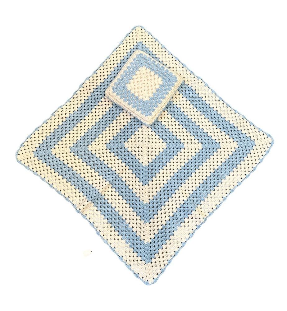 New Vintage Crochet Baby Blanket Handmade Blue Crib Soft 38