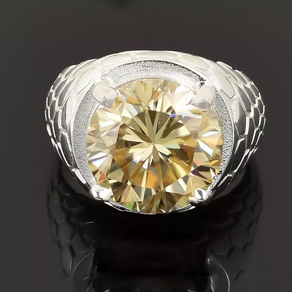 Certified 7.10 Ct Round Cut Champagne Diamond Men's Ring in 925 Silver