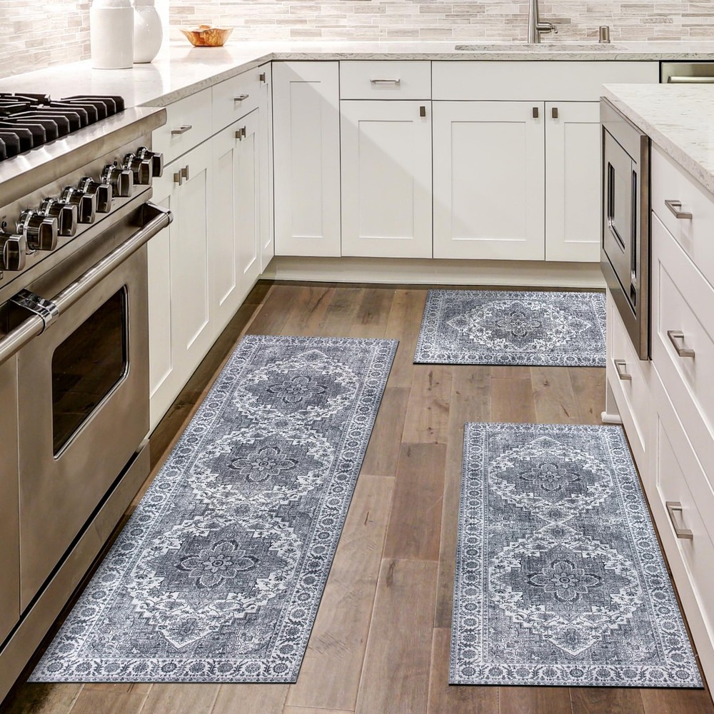 Non Slip Rubber Kitchen Rugs Set of 3 Washable Mats for Floors